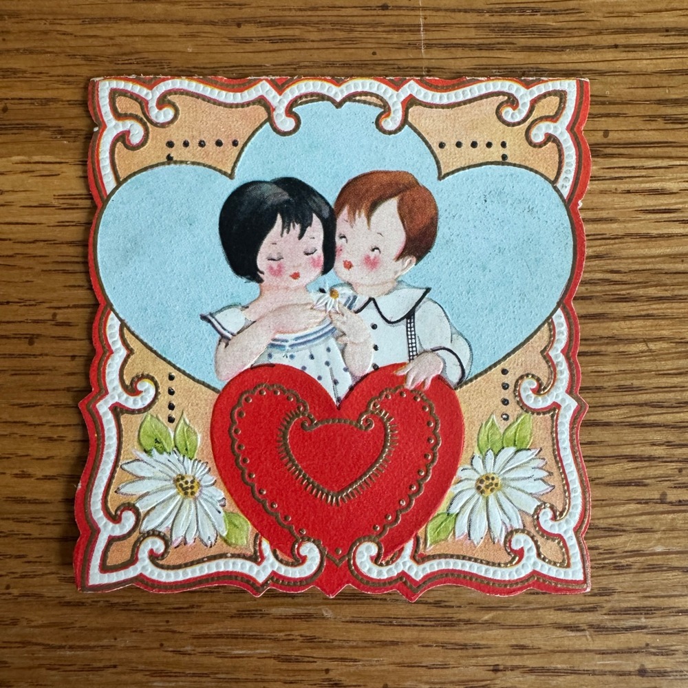 Vintage Valentine Card Children Heart Flowers Romantic Retro‎ Paper Collectible